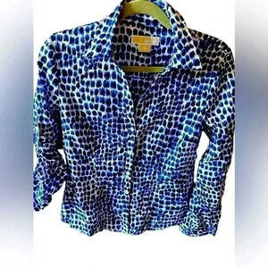 Michael Kors size 10 long sleeve indigo blue & white leopard spot cotton  blouse